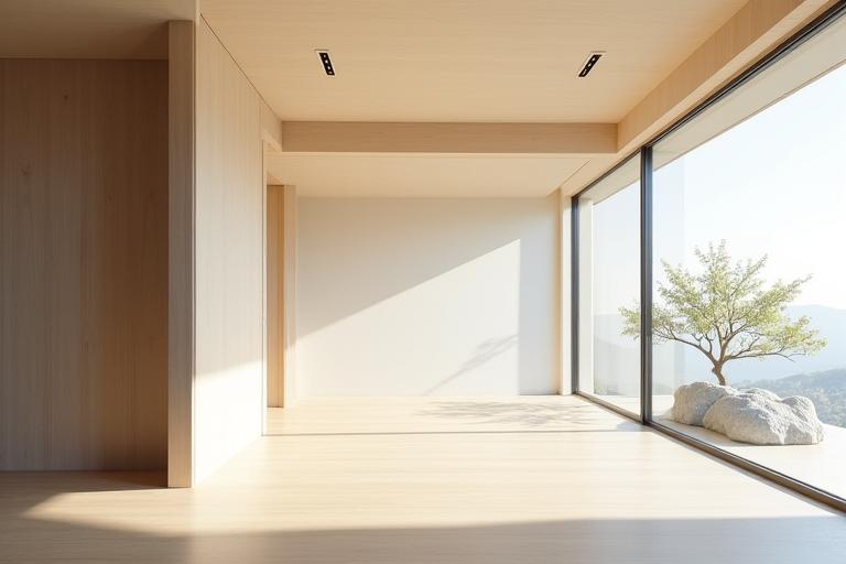 自然光が差し込む広々としたミニマリストな和風の建築空間
